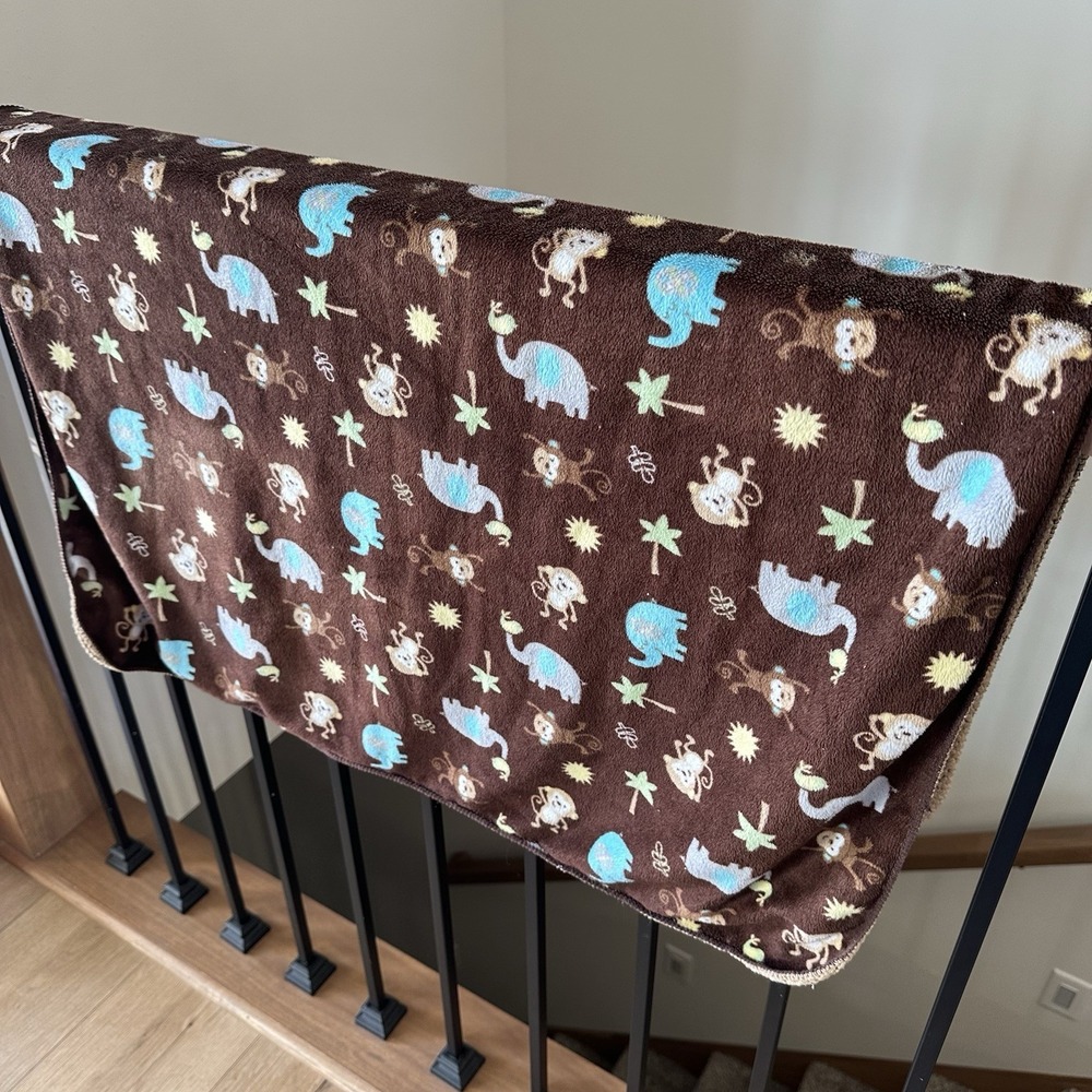 Just Born Baby Blanket Fleece Back Brown Monkey Elephant Palm‎ Tree 37x28 Soft